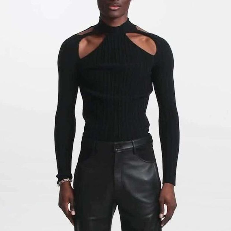 Men's Slim Fit Sexy Black Long Sleeve T-Shirt - KK002 - YDressup
