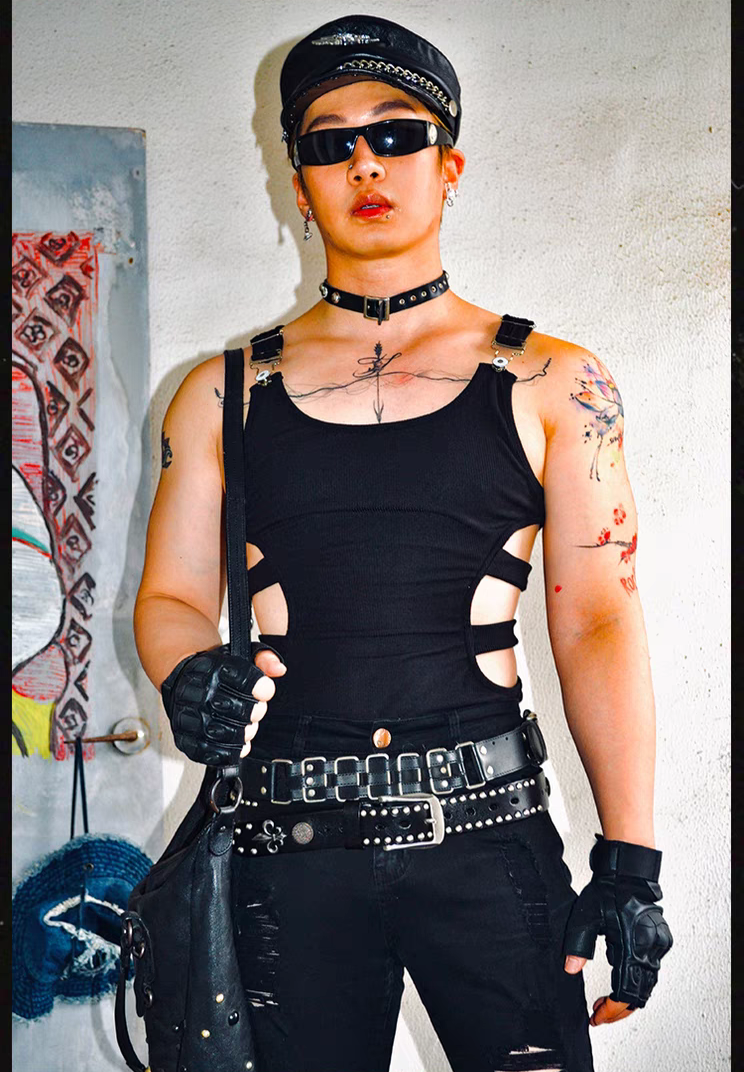 Sexy Dark Aesthetic Binding Strap Slim Fit Stretch Ribbed Hollow Knit Vest - SBS065