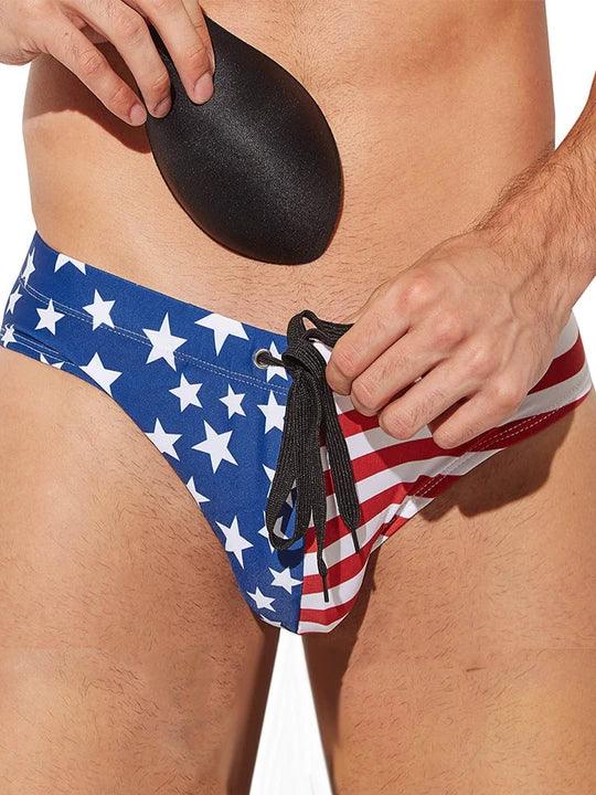 Men's American Flag Print Swim Briefs - YK012 - YDressup