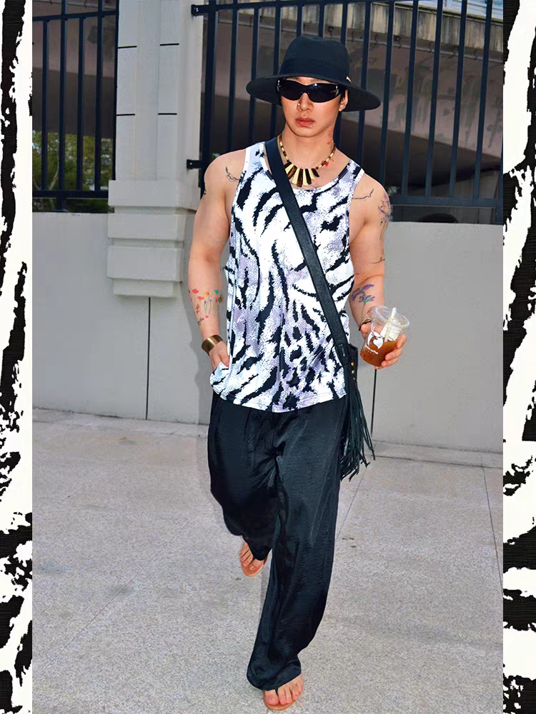 Unique Hip Hop American Street Style Loose Casual Sports Zebra Print Tank Top - SBS066