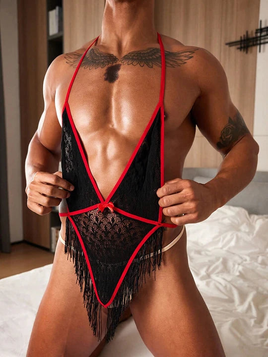Men's Jacquard Sexy Mesh Hollow Thong Bodysuit - LTY015