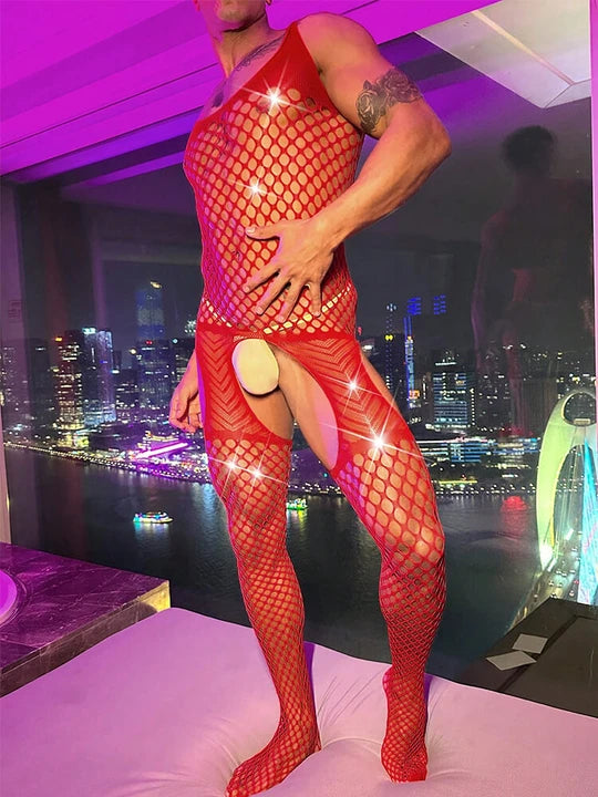 Men's Sexy Open Crotch Fishnet Suspender Bodysuit - LTW005 - YDressup