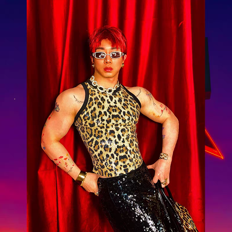 Sexy Leopard Print Sequin Vest - SBS070