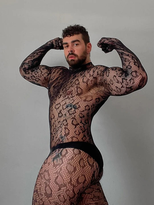 Men's Leopard Print See-Through Hollow Bodysuit - LTW022 - YDressup