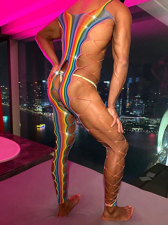 Men's Sexy Hollow Design Rainbow Bodysuit - LTY014