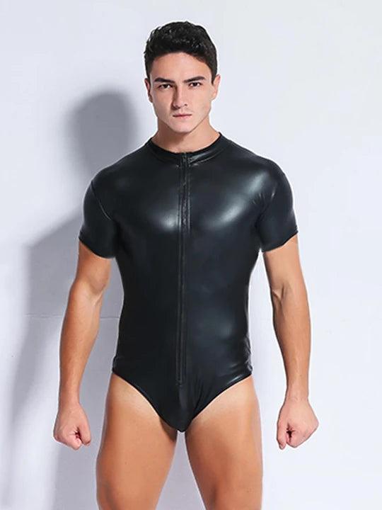 Black Patent Zipper Bodysuit - YNY084