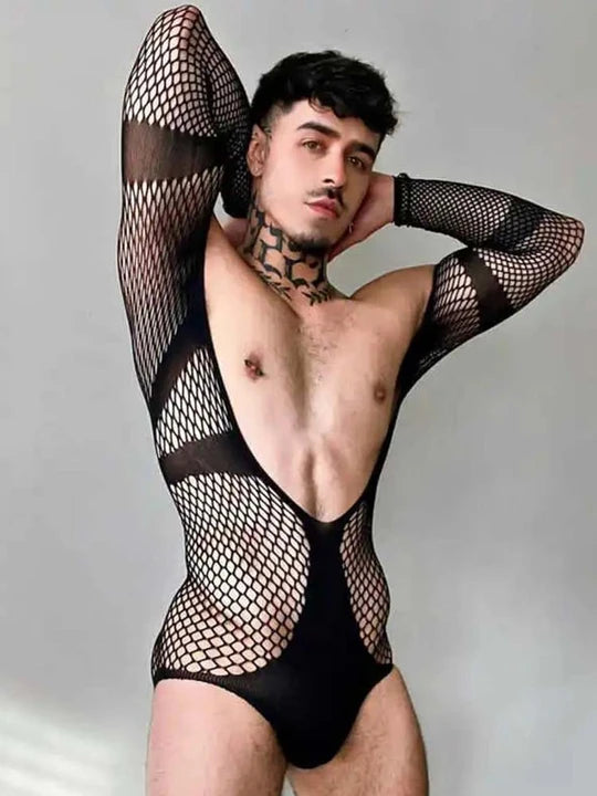 Men's V-Neck One-Piece Mesh Suit - LTW019 - YDressup