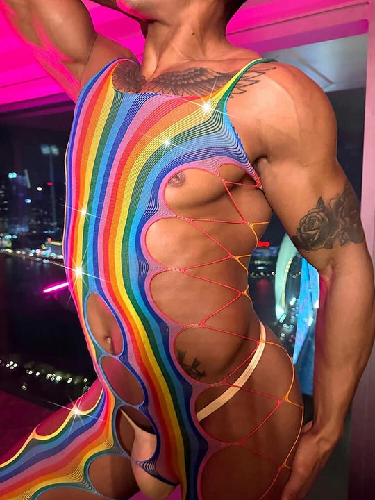 Men's Sexy Hollow Design Rainbow Bodysuit - LTY014