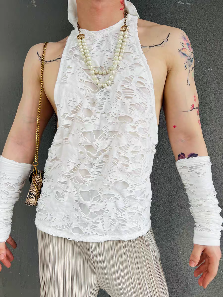 Wasteland Style Unique Design Cotton Distressed Hollow Punk Round Neck Sexy Vest - SBS069