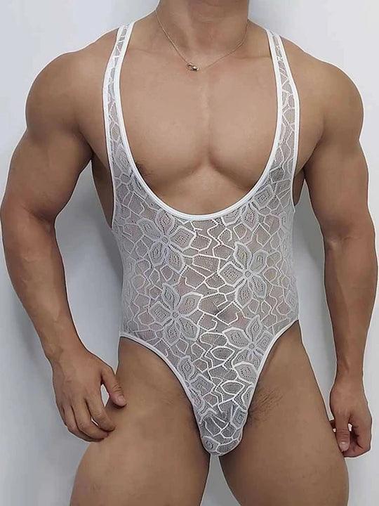 Men's Floral Lace High-Cut Briefs Bodysuit - LTY014 - YDressup