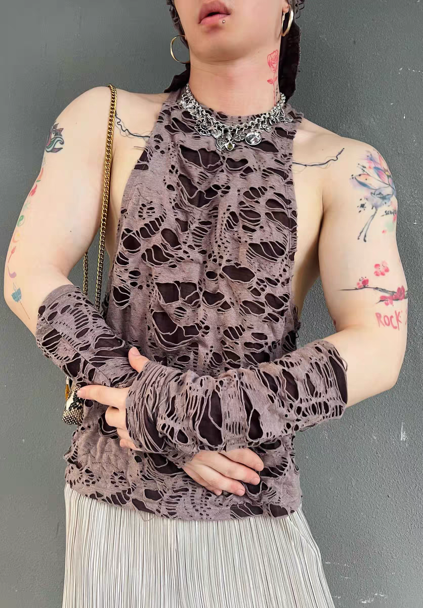 Wasteland Style Unique Design Cotton Distressed Hollow Punk Round Neck Sexy Vest - SBS069