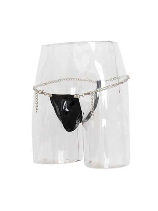 Men's Chain-Detail Thong: Daring Faux Leather & Metal Underwear - GZK003 - YDressup