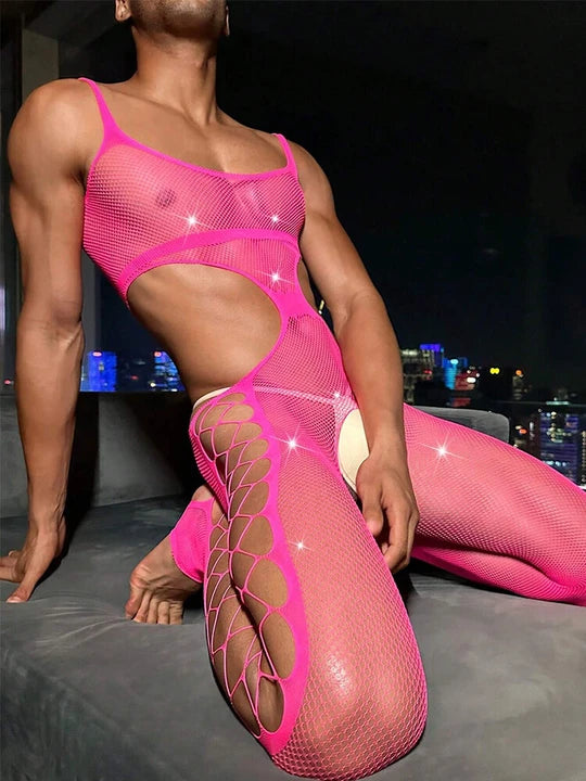 Men's Sexy Hollow Fishnet Suspender Bodysuit - LTY011