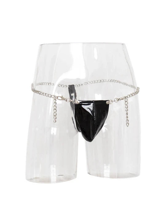 Men's Chain-Detail Thong: Daring Faux Leather & Metal Underwear - GZK003 - YDressup