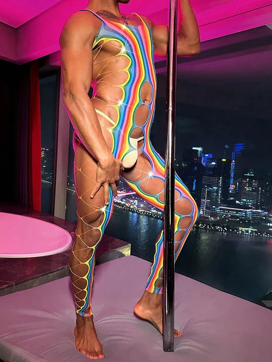 Men's Sexy Hollow Design Rainbow Bodysuit - LTY014