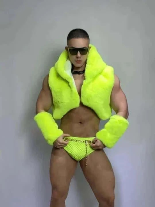 Men's Fluorescent Green Faux Fur Vest Set - CL001 - YDressup