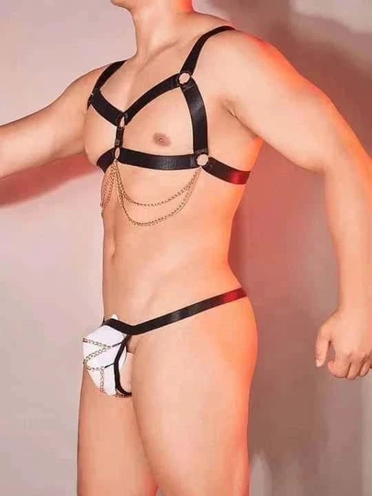 Men's Sexy Metal Chain Chest Strap Thong Set - QQNY027 - YDressup