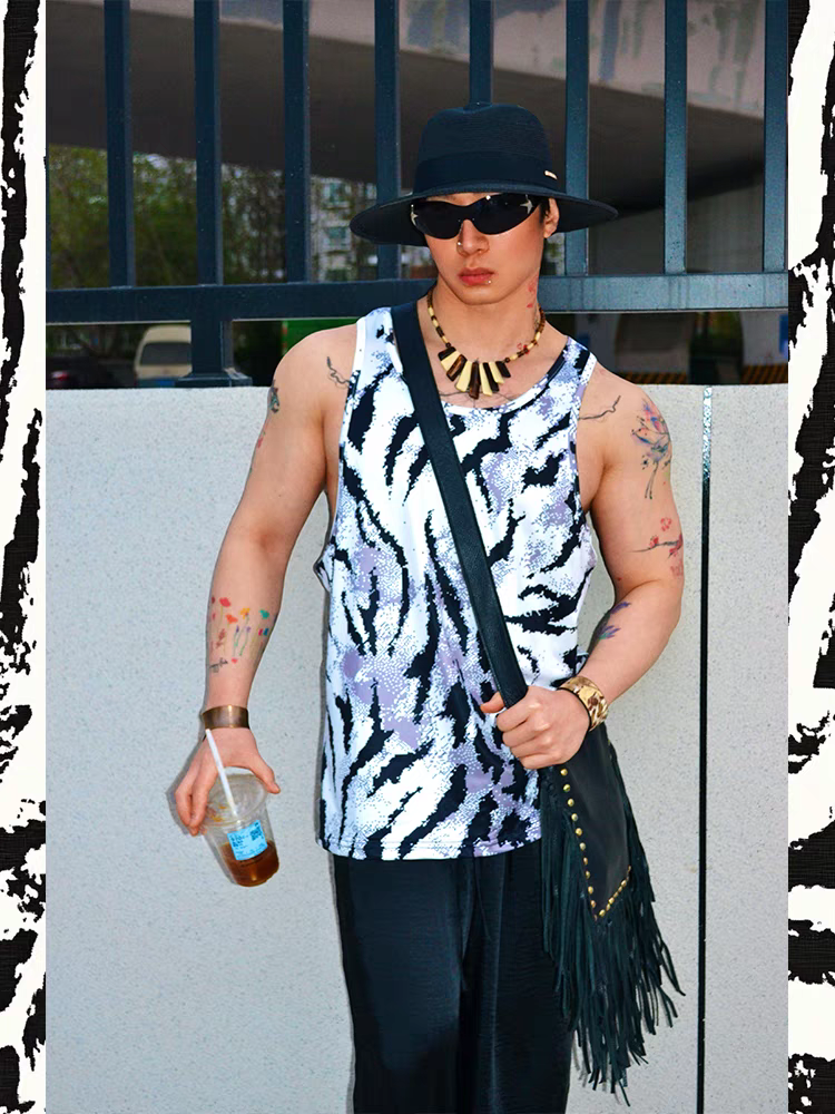 Unique Hip Hop American Street Style Loose Casual Sports Zebra Print Tank Top - SBS066