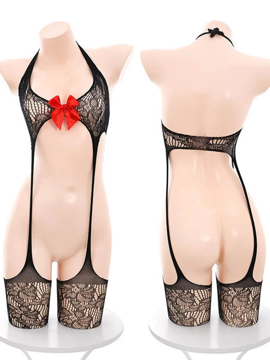 Sexy Bow Open Crotch Body Stockings Suspenders - LTY018