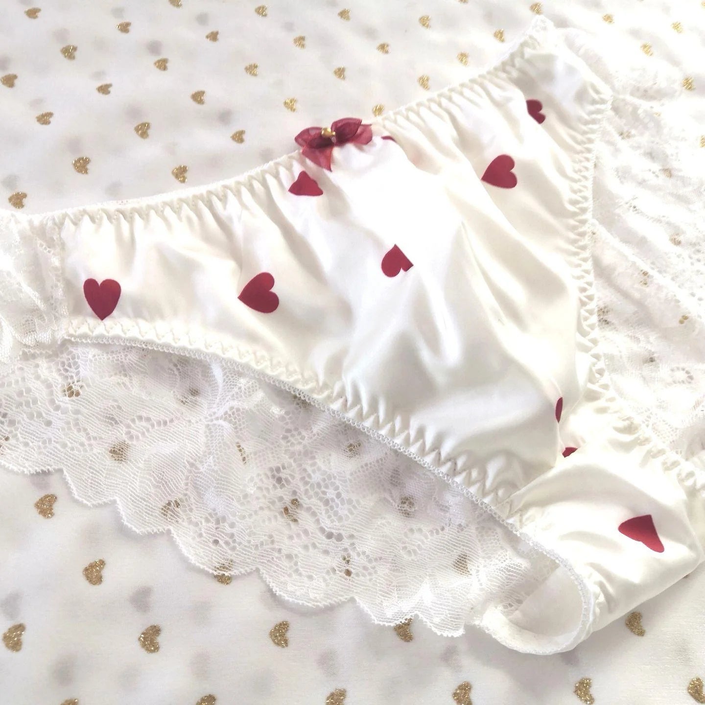 Femboy Heart Print Lace Briefs - FU007