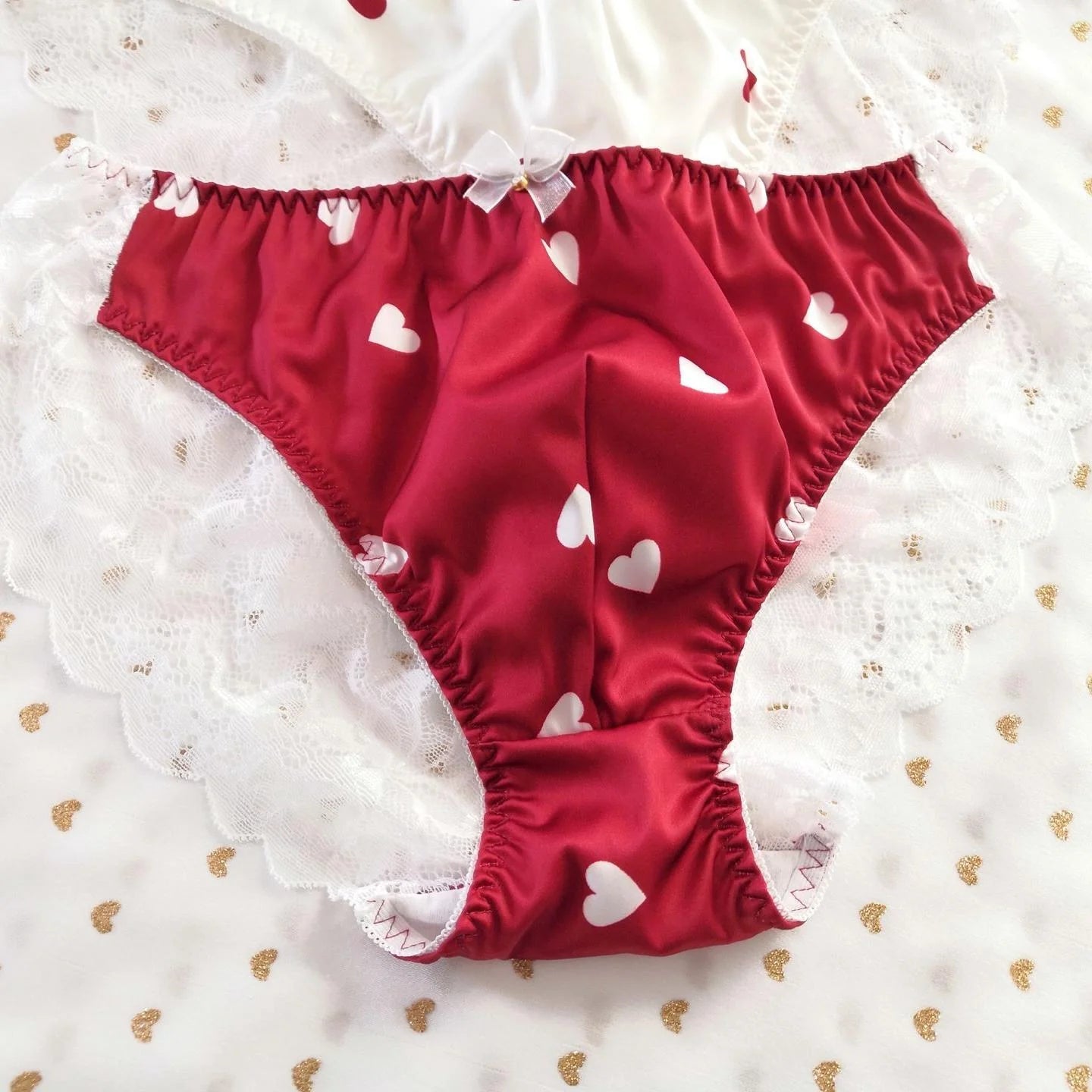 Femboy Heart Print Lace Briefs - FU007
