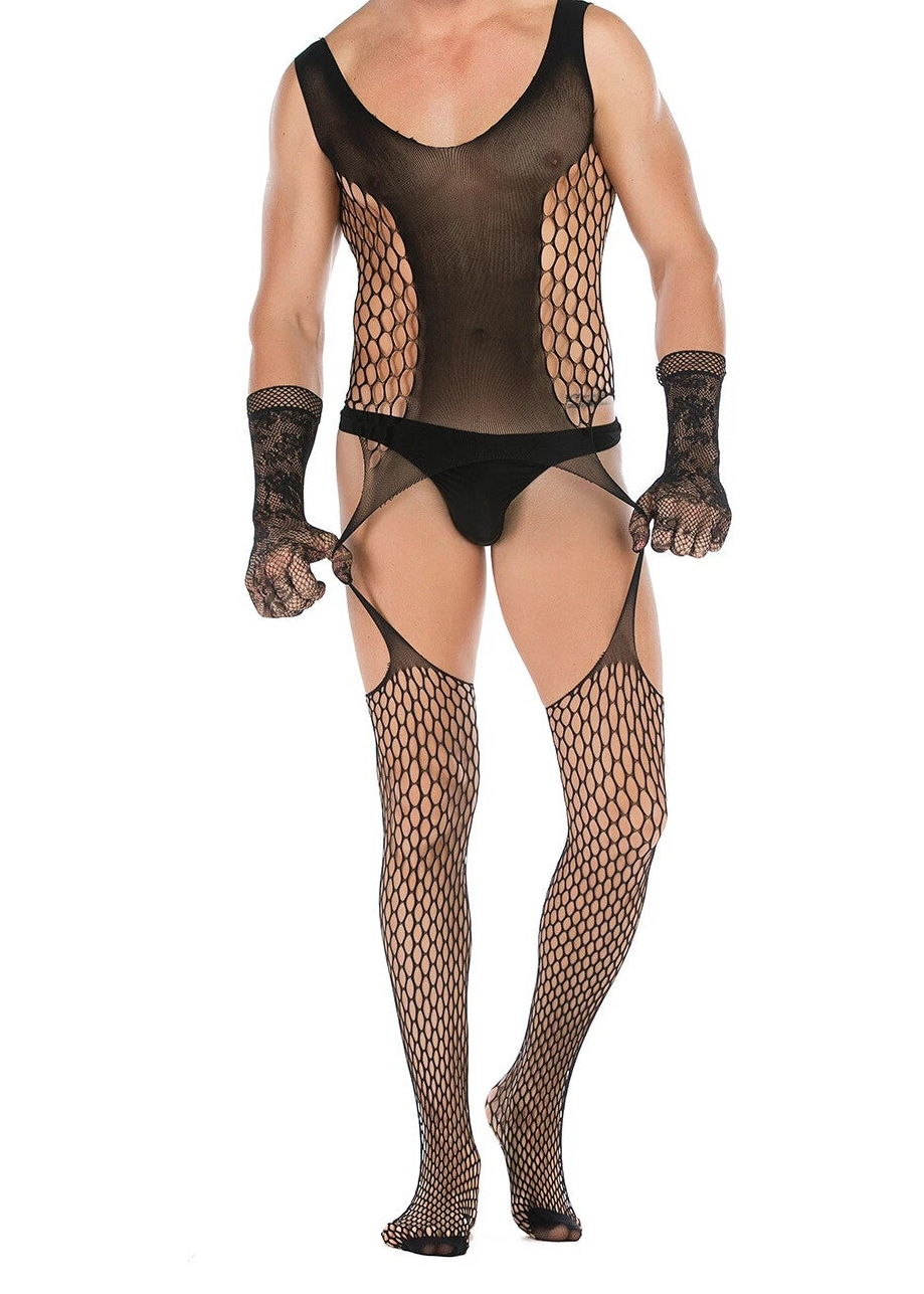 Sexy Open-Crotch Mesh Bodysuit with Lace Gloves - LTW036