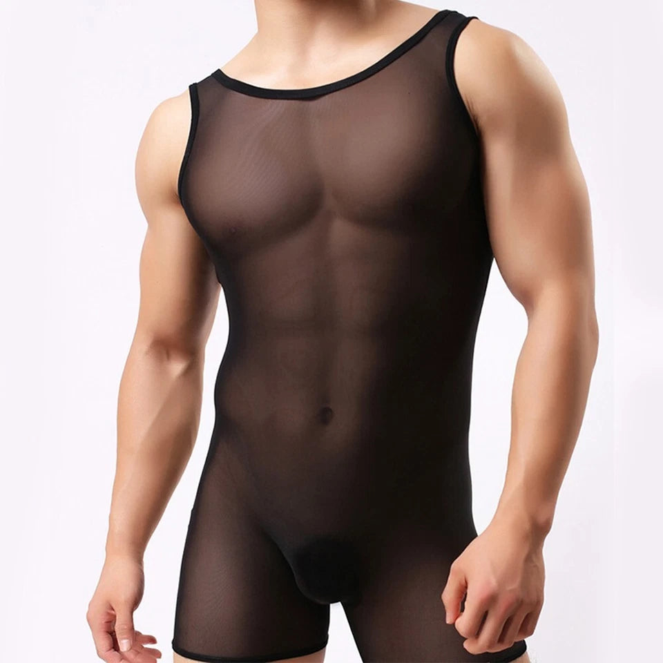 Mens Elastic Vest Mesh Bodysuit Jumpsuit - LTY052 - YDressup