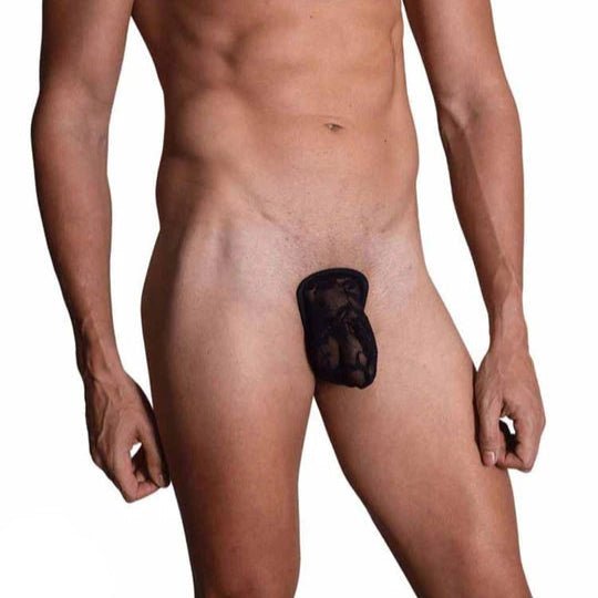 Mens sheer lace c-string in black - delicate floral lace pouch with thin elastic loop, no waistband